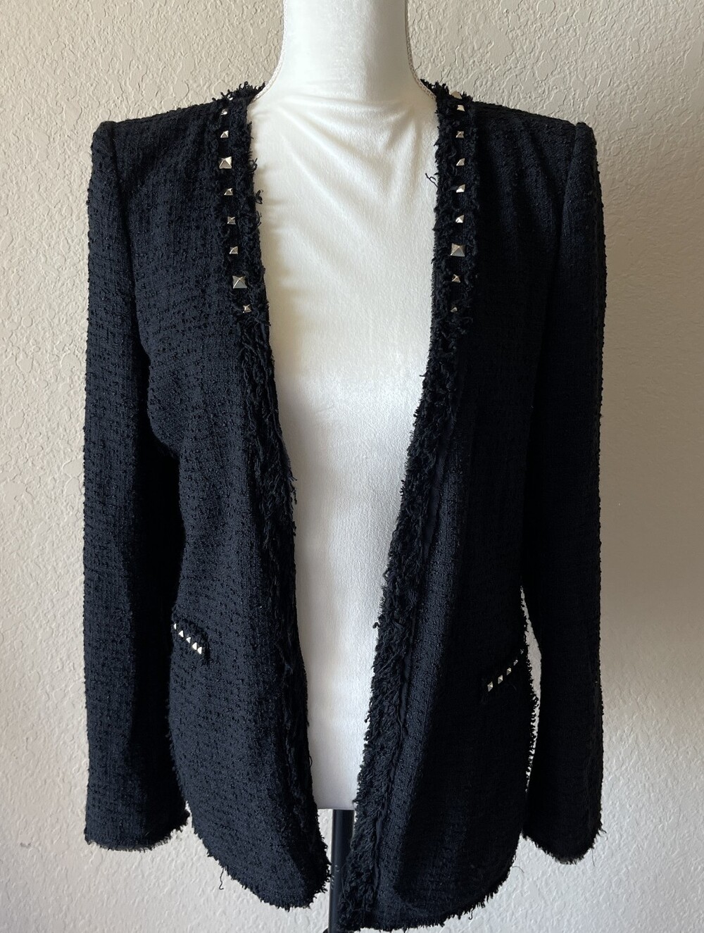 Zara Black Textured Tweed Open Blazer with Stud Trim